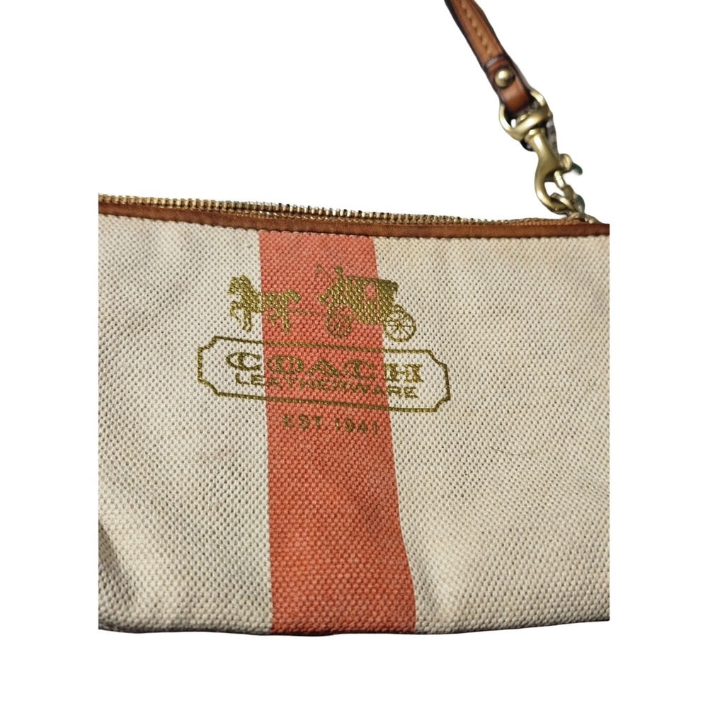 Coach Heritage Stripe Canvas Wristlet Cream Orange Horse and Carriage Logo - Picture 3 of 4